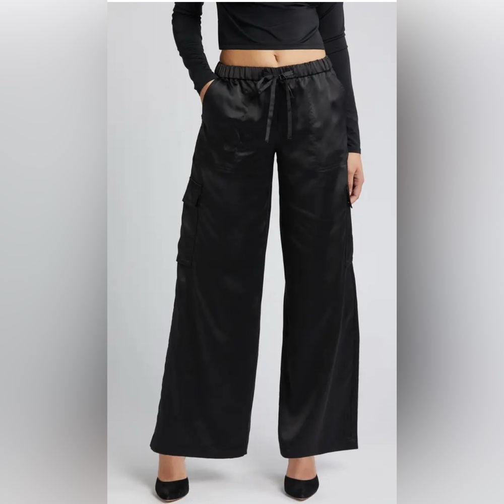 NWT Open‎ Edit Black Satin Cargo Pants Wide Leg Women’s Sz S 90’s Y2K Goth